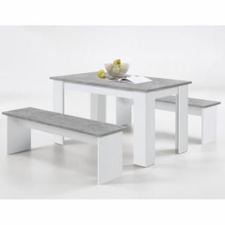 Set table et 2 bancs DOUR coloris gris béton et blanc brillant